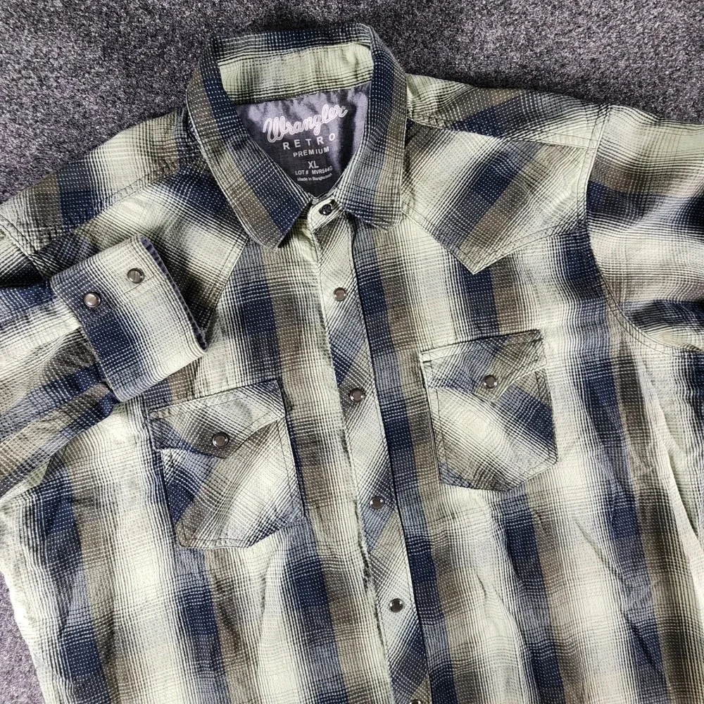 Wrangler‎ Retro Premium Mens XL Plaid Western Snap Shirt Green Black Cowboy